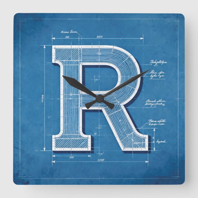 Horloge Carrée Monogramme de lettre R sur plan (Recto)