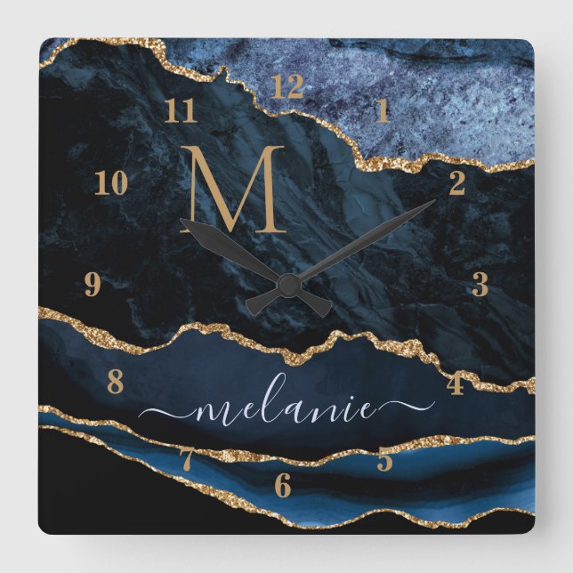 Horloge Carrée Monogramme de marbre en pierre de taille bleu mari (Recto)
