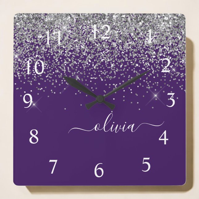 Horloge Carrée Monogramme de Parties scintillant d'argent violet (Créateur téléchargé)