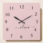 Horloge Carrée Monogramme de script rose pâle Nom de la fille<br><div class="desc">Horloge du nom du monogramme en rose et noir. Cela rend le cadeau parfait pour 16 ans,  mariage,  douche nuptiale,  anniversaire,  baby shower ou bachelorette pour quelqu'un qui aime le luxe glam et les styles chic.</div>