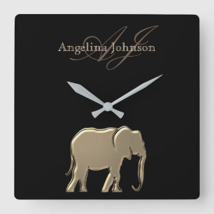Horloge Carrée Monogramme d'éléphant noir et or