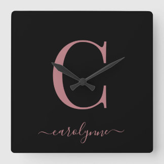 Horloge Carrée Monogramme d'or minimaliste Rose moderne Nom du sc