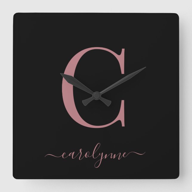 Horloge Carrée Monogramme d'or minimaliste Rose moderne Nom du sc (Recto)
