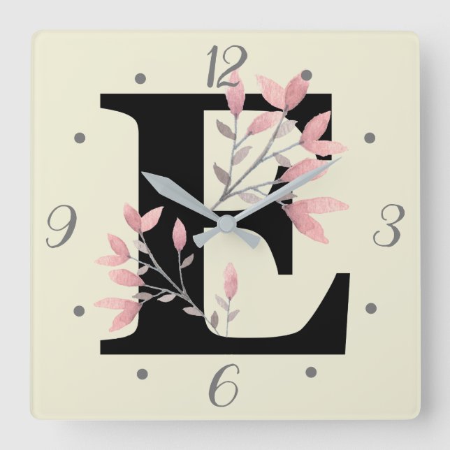 Horloge Carrée Monogramme E avec fleurs roses (Recto)