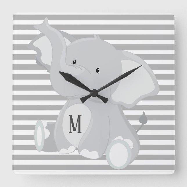 Horloge Carrée Monogramme éléphant tendance gris et rayures blanc (Recto)