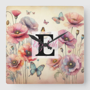 Horloge Carrée Monogramme et nom sur Fleurs à l'aquarelle en past