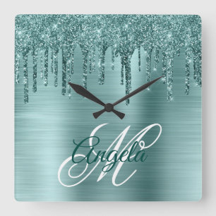 Horloge Carrée Monogramme fantaisie en feuille d'argent brossée