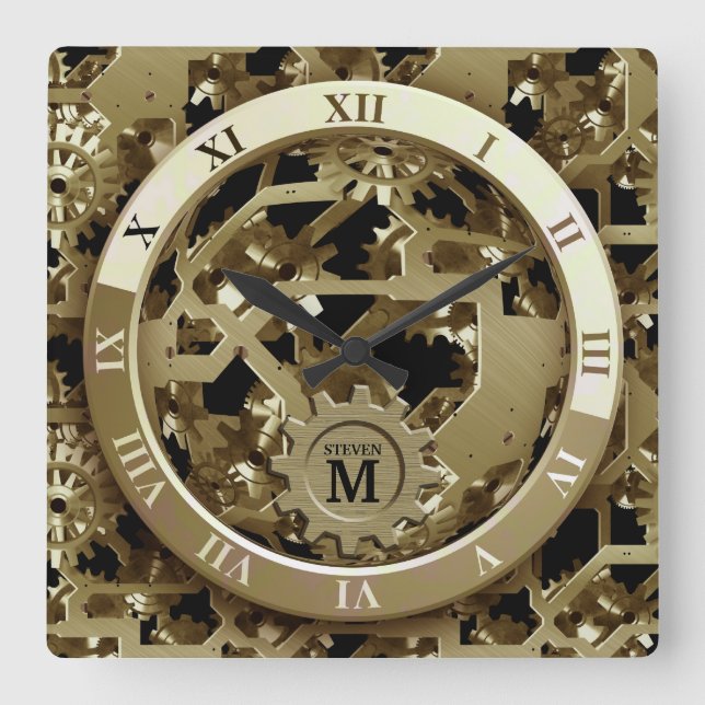 Horloge Carrée Monogramme Golden Clock Gears Numéros romains (Recto)