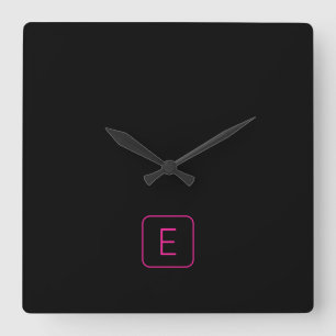 Horloge Carrée Monogramme Initial De Style Moderne Rose & Noir