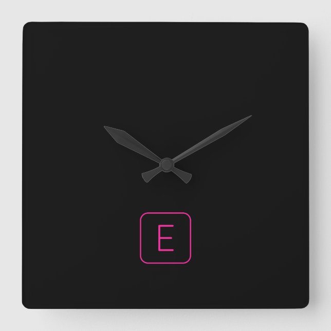 Horloge Carrée Monogramme Initial De Style Moderne | Rose & Noir (Recto)