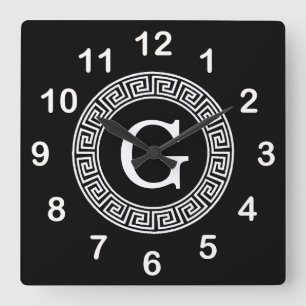 Horloge Carrée Monogramme initial du cadre de ligne de clé grecqu