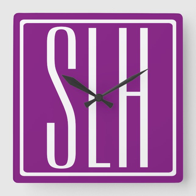 Horloge Carrée Monogramme Initiales 3 Moderne Gras | Blanc & Viol (Recto)