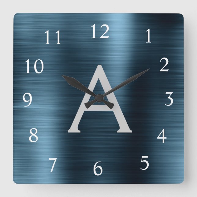 Horloge Carrée Monogramme métallique élégant bleu moderne Nom (Recto)