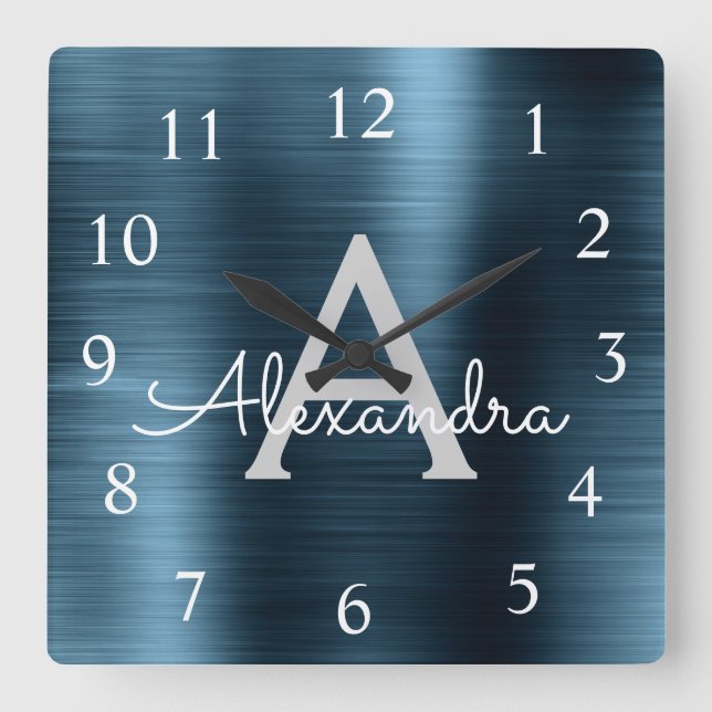 Horloge Carrée Monogramme métallique élégant bleu moderne Nom (Recto)