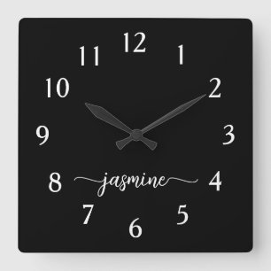 Horloge Carrée Monogramme minimaliste de la fille Script noir