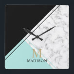 Horloge Carrée monogramme moderne élégant en marbre noir turquois<br><div class="desc">Élégant moderne noir turquoise nom de marbre monogramme</div>