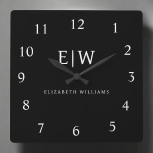 Horloge Carrée Monogramme moderne minimaliste noir et blanc