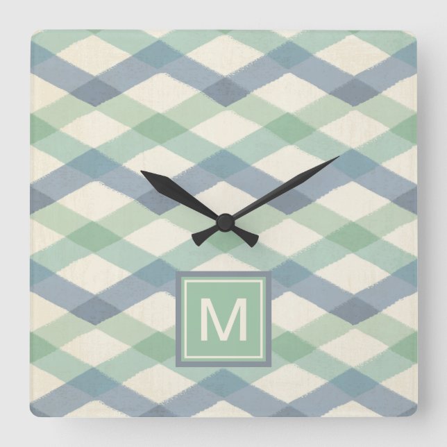 Horloge Carrée Monogramme | Motif géométrique Pastel (Recto)