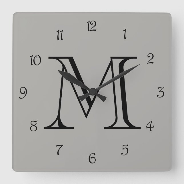 Horloge Carrée Monogramme noir chiffres de script sur gris wccn (Recto)