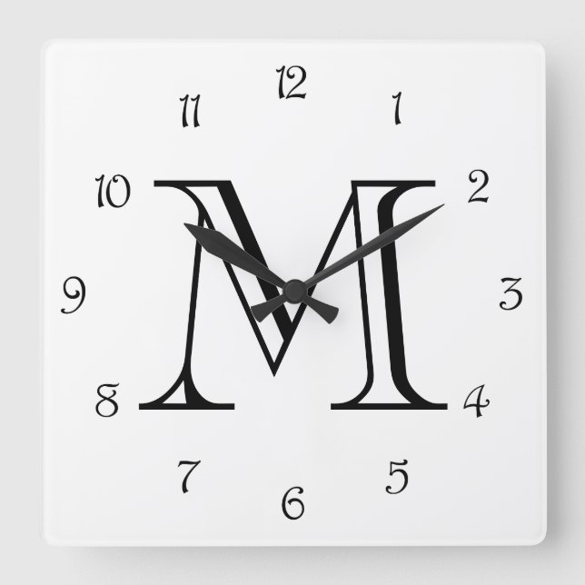 Horloge Carrée Monogramme noir chiffres de script sur wccn blanc (Recto)