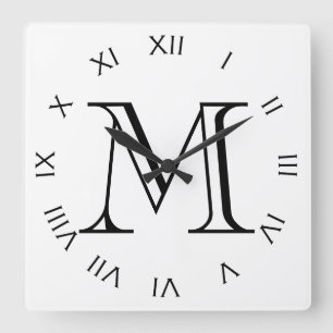 Horloge Carrée Monogramme noir chiffres romains sur blanc wccn