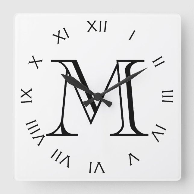 Horloge Carrée Monogramme noir chiffres romains sur blanc wccn (Recto)