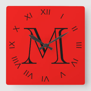 Horloge Carrée Monogramme Noir chiffres romains sur rouge wccn