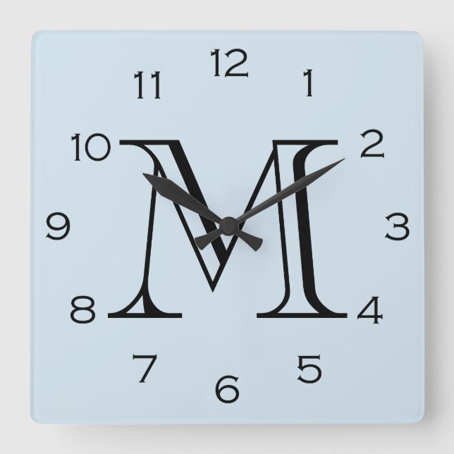 Horloge Carrée Monogramme noir chiffres sur bleu clair wccn (Recto)