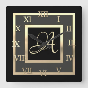 Horloge Carrée Monogramme Or Initiale encadrée N'Importe Quelle C
