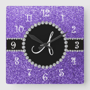 Horloge Carrée Monogramme parties scintillant violet diamant cerc