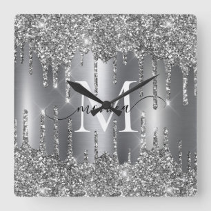Horloge Carrée Monogramme personnalisé avec gouttes de paillettes