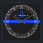 Horloge Carrée Monogramme personnalisé de la ligne bleue mince de<br><div class="desc">Une fine ligne bleue monogramme nom personnalisé horloge murale.</div>