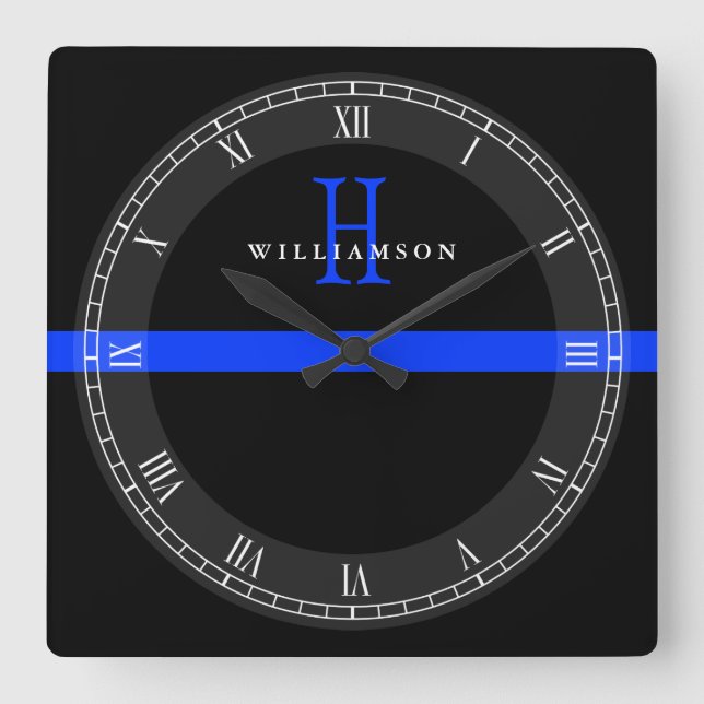 Horloge Carrée Monogramme personnalisé de la ligne bleue mince de (Recto)