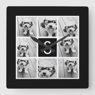 Horloge Carrée Monogramme personnalisé du collage photo noir et