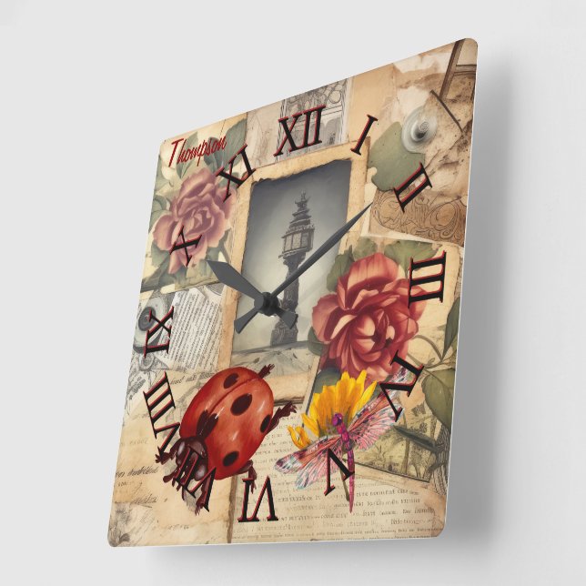 Horloge Carrée Monogramme rustique arrière - plan floral et libel (Angle)