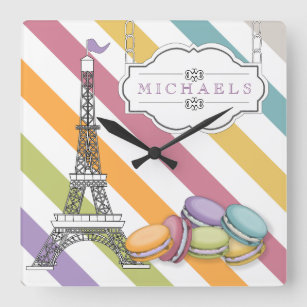 Horloge Carrée Monogramme Tour Eiffel Paris Macaron