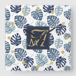 Horloge Carrée Monogramme Tropical Palm Navy Blue Gold Mariage