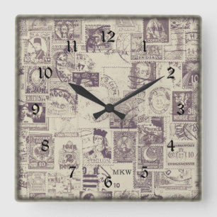 Horloge Carrée Monogramme Vintage Postage Wall Clock