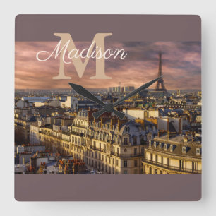 Horloge Carrée Monogramme violet Paris France Tour Eiffel