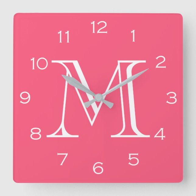 Horloge Carrée Monogrammes blancs sur wccn rose (Recto)