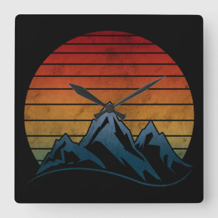HORLOGE CARRÉE MONTAGNE VINTAGE COUCHER DE SOLEIL 