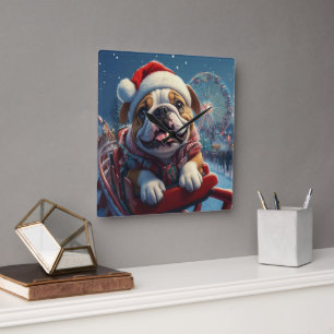 Horloge Carrée Montagnes Russes Bulldog Noël