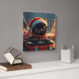Horloge Carrée Montagnes Russes Chat Noir de Noël