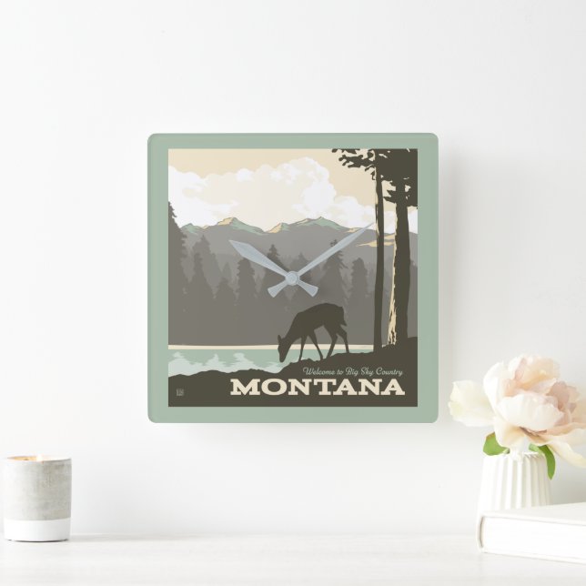 Horloge Carrée Montana | Bienvenue dans Big Sky Country (Maison)