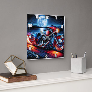 Horloge Carrée Montée sur la Lune avec vélo orné de drapeau