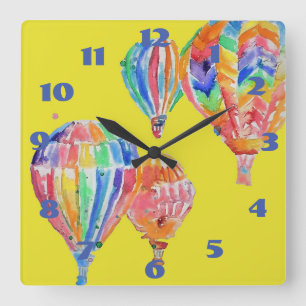 Horloge Carrée Montgolfière Aquarelle Jaune Nurserie Enfant