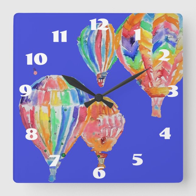 Horloge Carrée Montgolfière en aquarelle pour la chambre d'enfant (Recto)