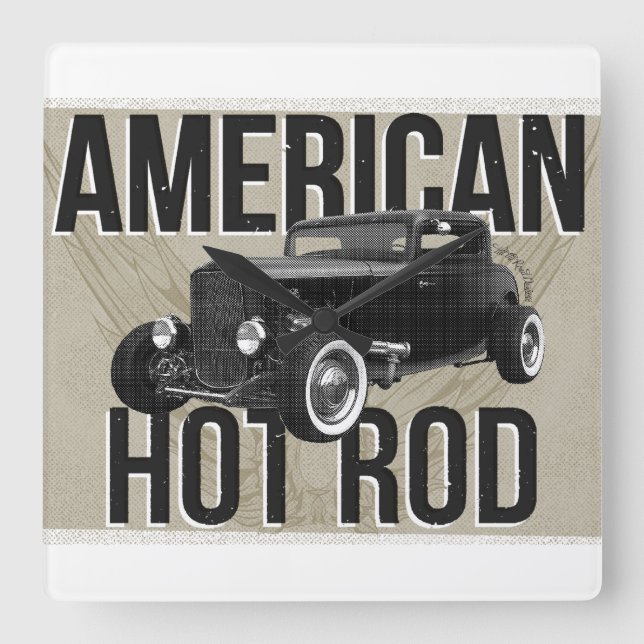Horloge Carrée Montre murale American Hot Rod. Version marron (Recto)