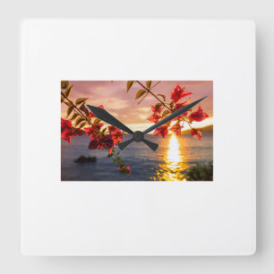 Horloge Carrée Montre Murale Coucher de Soleil & Fleurs – Éléganc