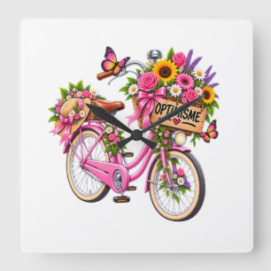 Horloge Carrée Montre Murale Florale Chic – Vélo Rose Fleuri avec
